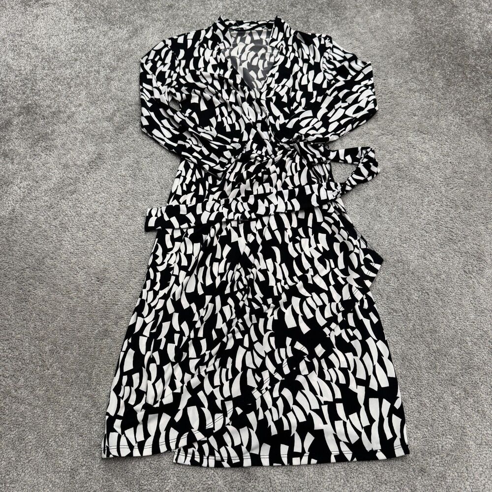 Maggy London Geometric Faux Wrap Belted Dress Women 2 Black White Long Sleeve